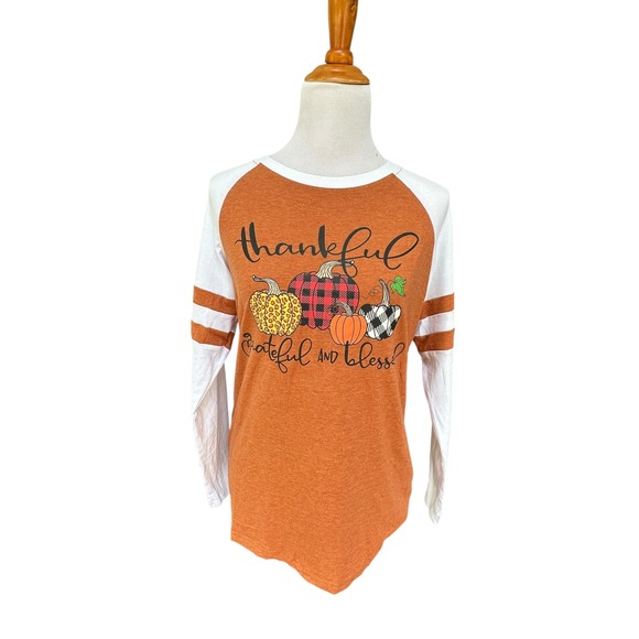 Womens Thankful Grateful Blessed Pumpkin Fall Raglan T-Shirt Top - Picture 2 of 13